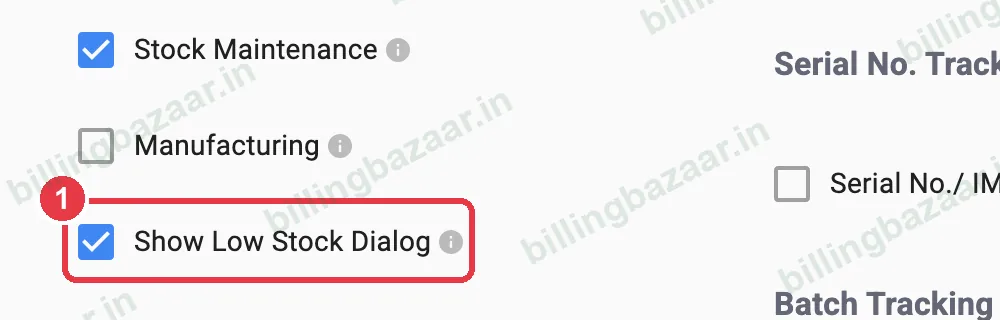 Vyapar item settings with Show Low Stock Dialog ticked