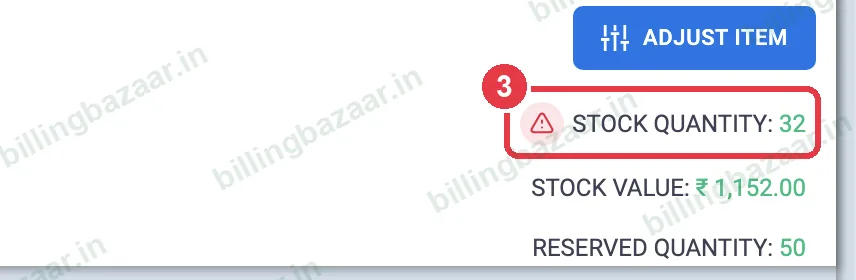 Vyapar item with low stock warning icon