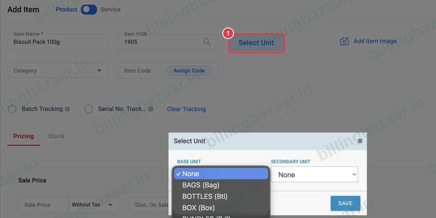 Vyapar Add Item Select Unit button