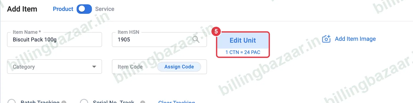 Vyapar Edit Unit showing 1 CTN = 24 PAC
