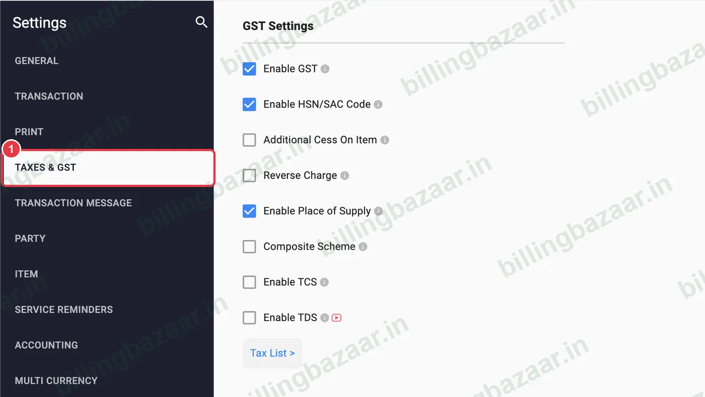 Vyapar Settings with Taxes and GST