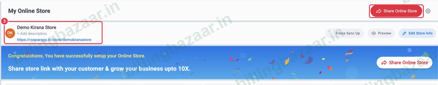 Vyapar online store with store link and share button