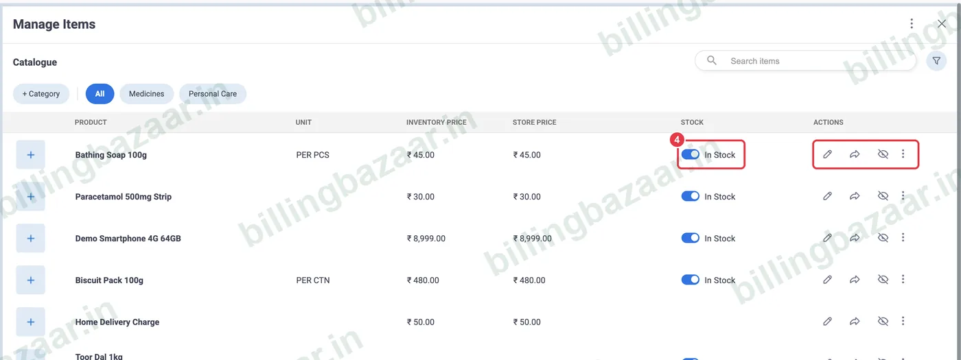 Vyapar online store manage items with stock toggles