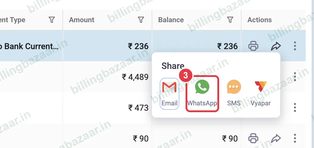 Vyapar share menu with WhatsApp highlighted
