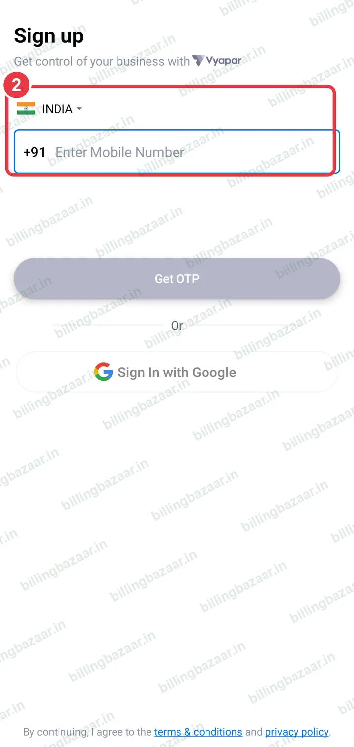 Vyapar sign up screen with India +91 and the mobile number field