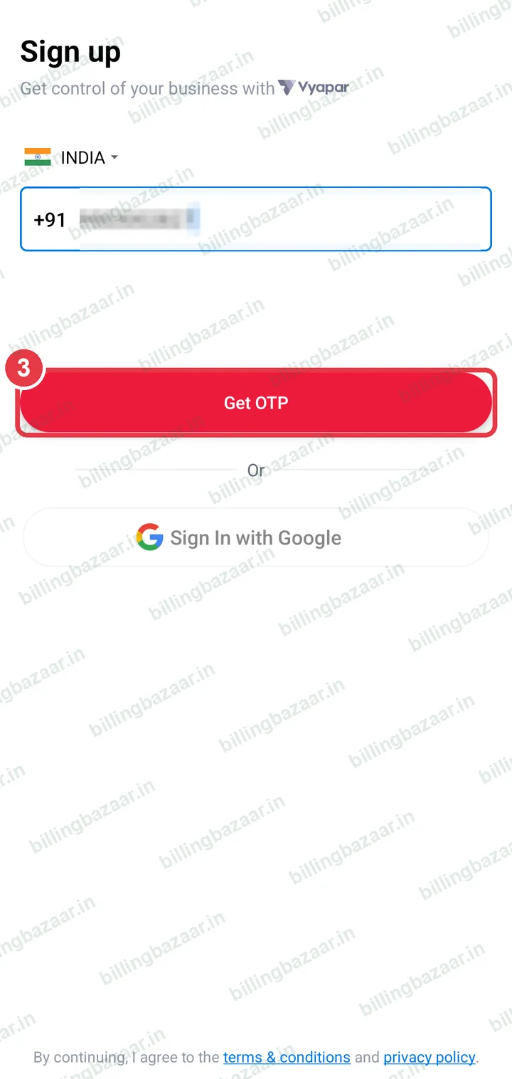 Get OTP button highlighted on the Vyapar sign up screen
