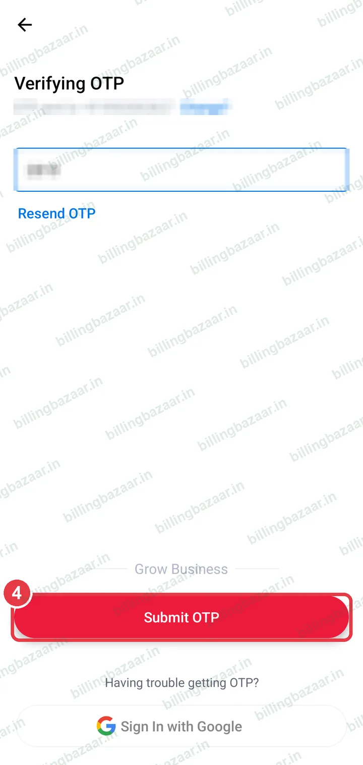 Verifying OTP screen with Submit OTP highlighted
