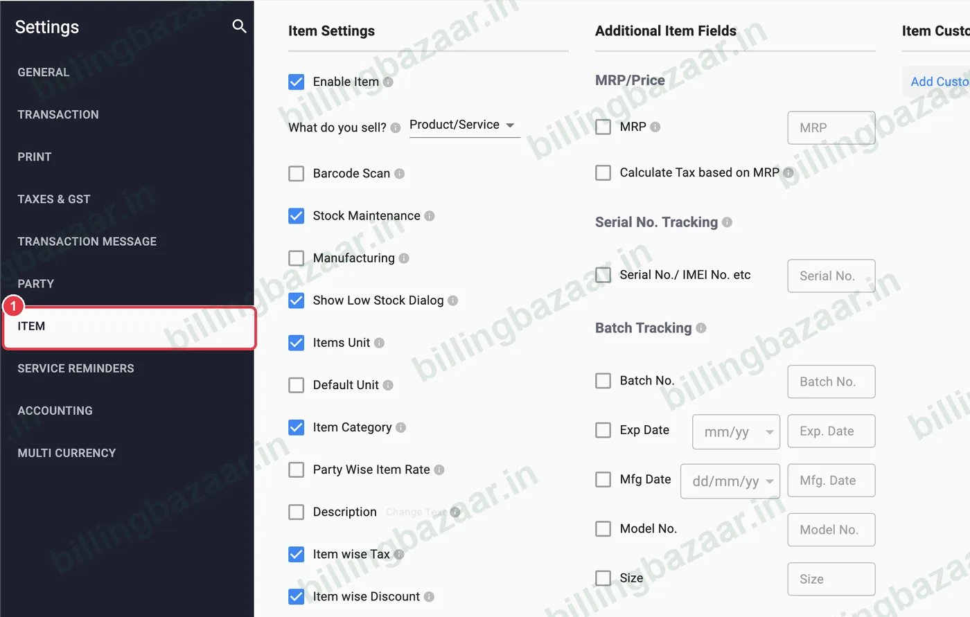 Vyapar Settings with the Item tab