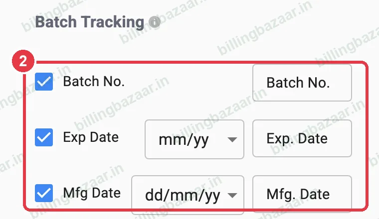 Vyapar item settings with Batch No, Exp Date and Mfg Date ticked