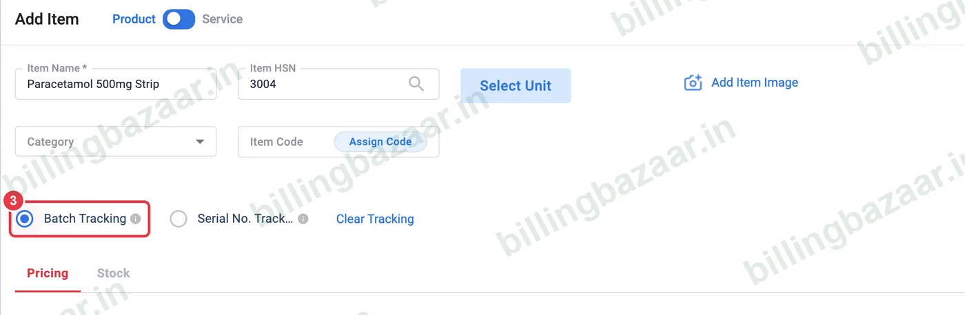 Vyapar Add Item with Batch Tracking selected