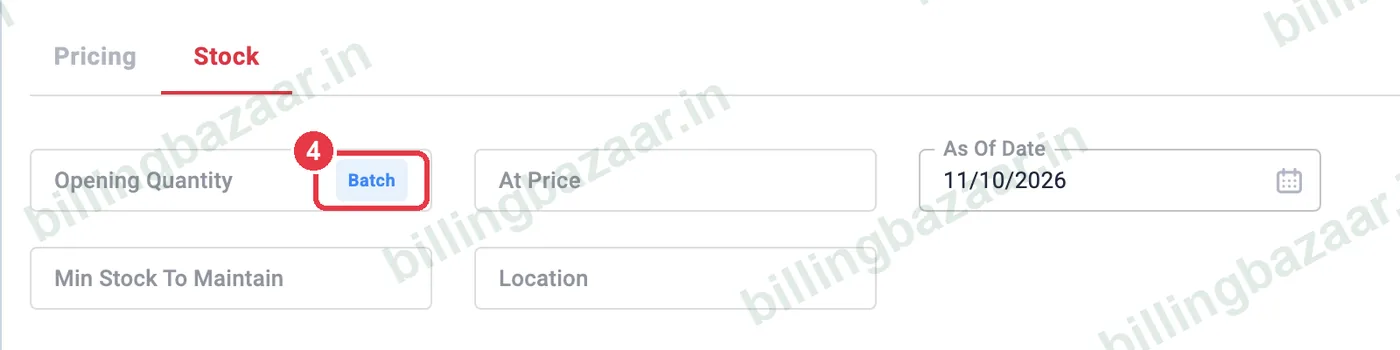 Vyapar Add Item stock tab with Batch button