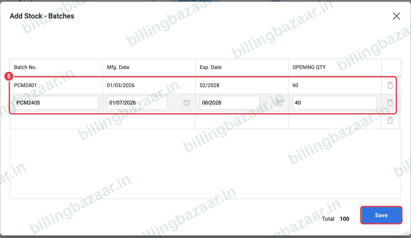 Vyapar Add Stock Batches with two batches