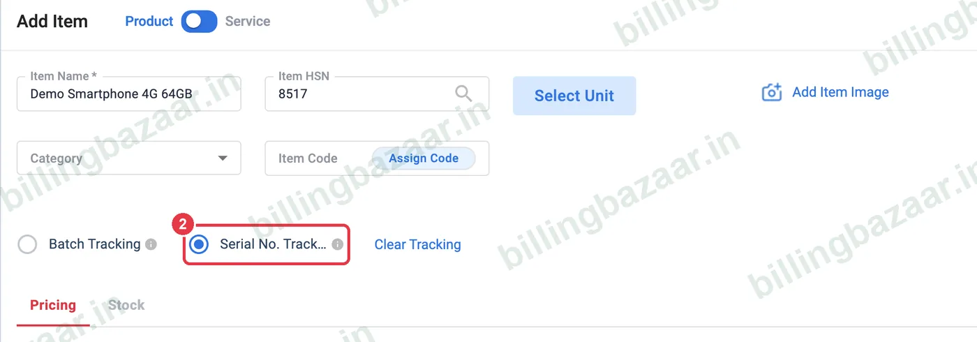 Vyapar Add Item with Serial No Tracking selected