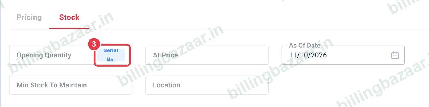 Vyapar Add Item stock tab with Serial No button