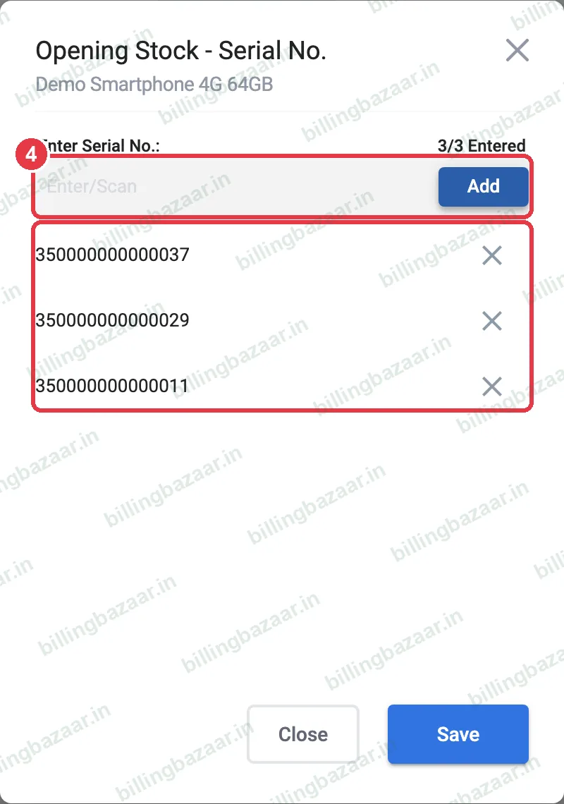 Vyapar opening stock serial number entry with three IMEIs