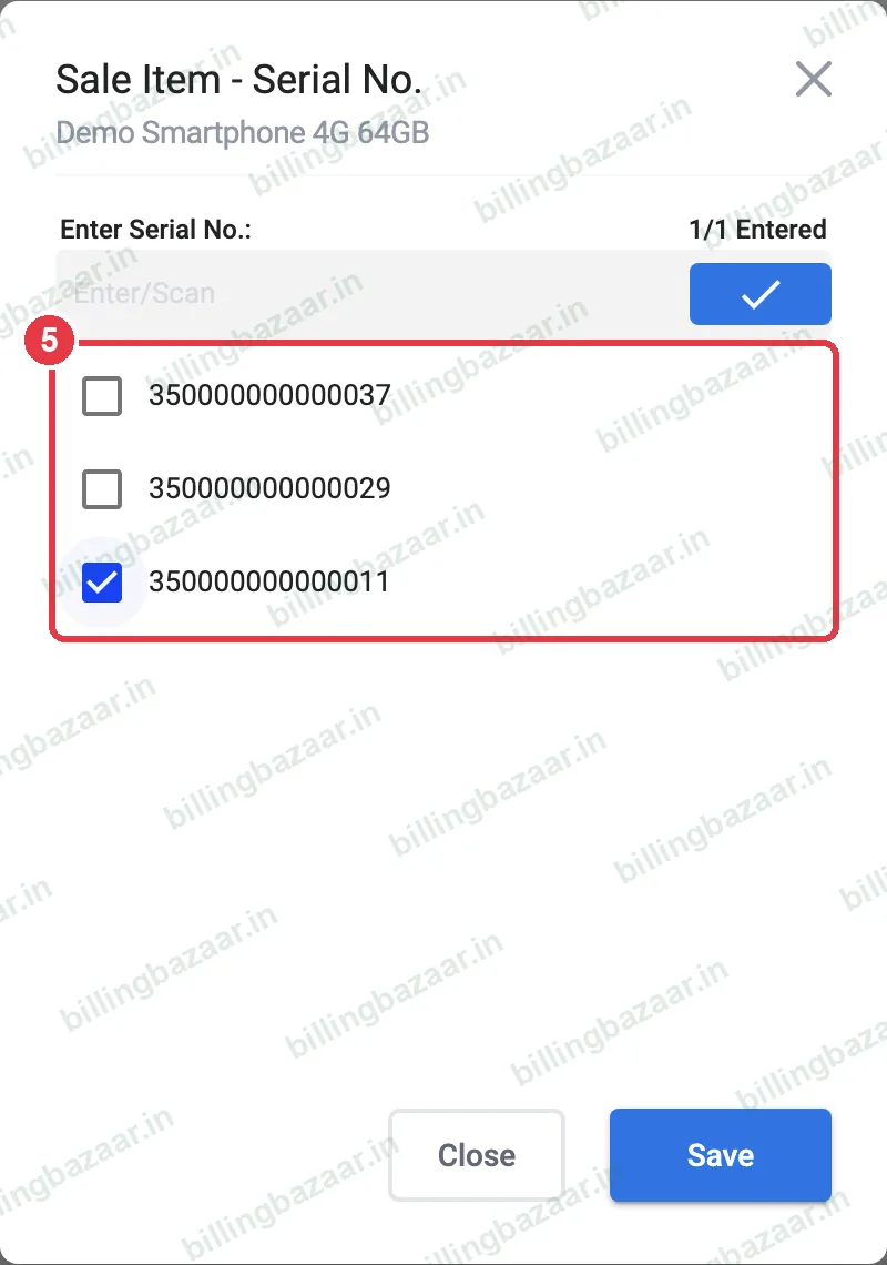 Vyapar sale serial number picker with one IMEI ticked
