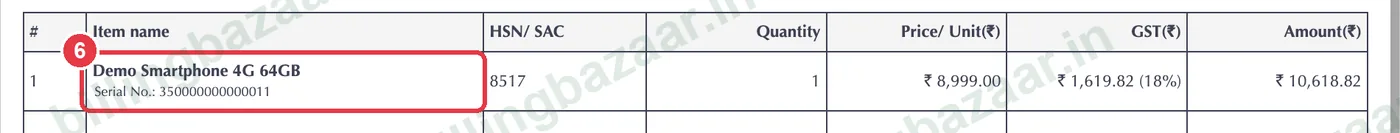 Vyapar invoice with serial number printed under the item