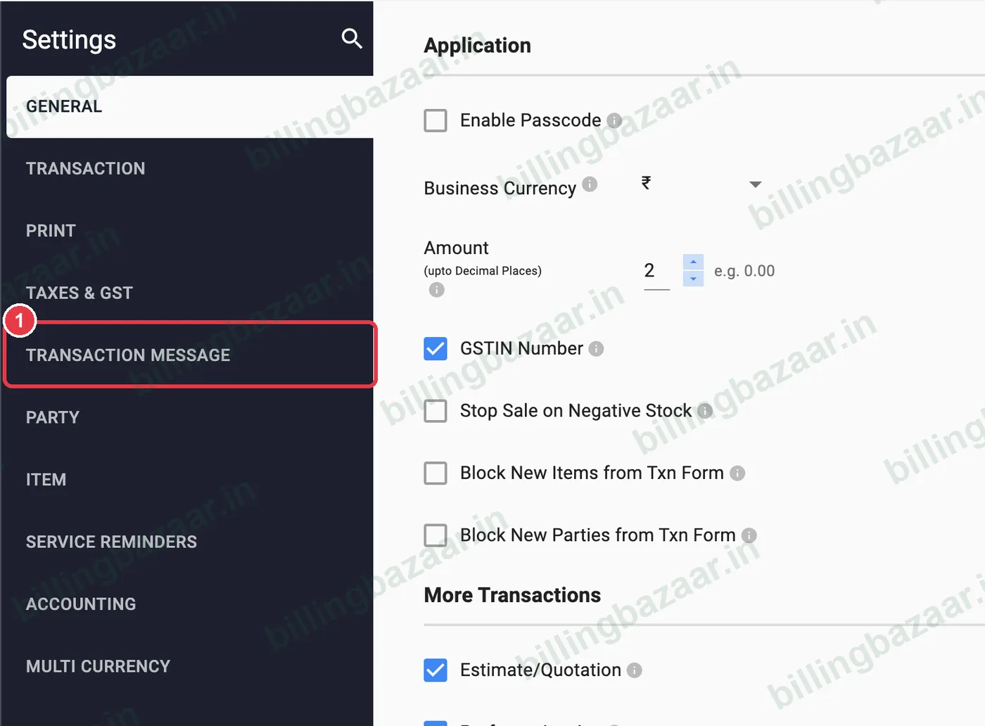 Vyapar Settings with Transaction Message highlighted