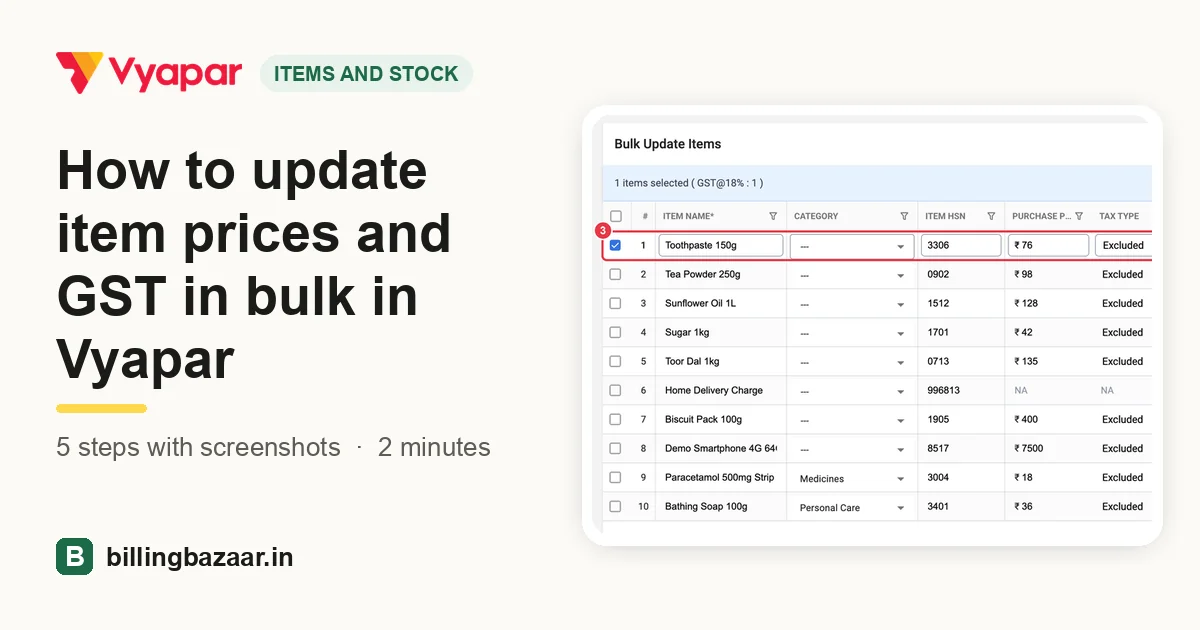 How to update item prices and GST in bulk in Vyapar