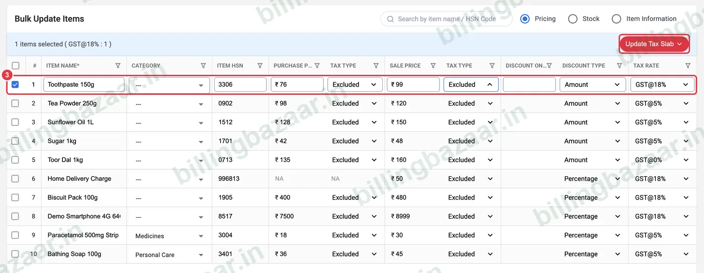Vyapar bulk update editing price and Update Tax Slab