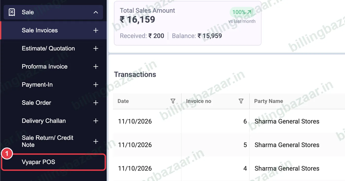 Vyapar Sale menu with Vyapar POS