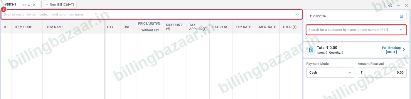 Vyapar POS search bar and customer search