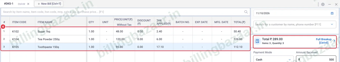 Vyapar POS bill with three items and total