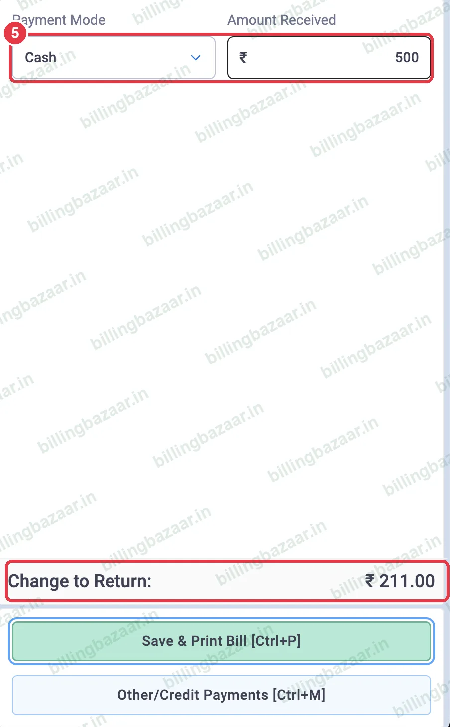 Vyapar POS amount received and change to return